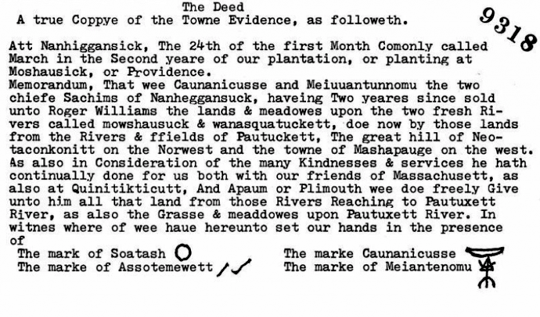1638 Deed to Providence – Sowams Heritage Area